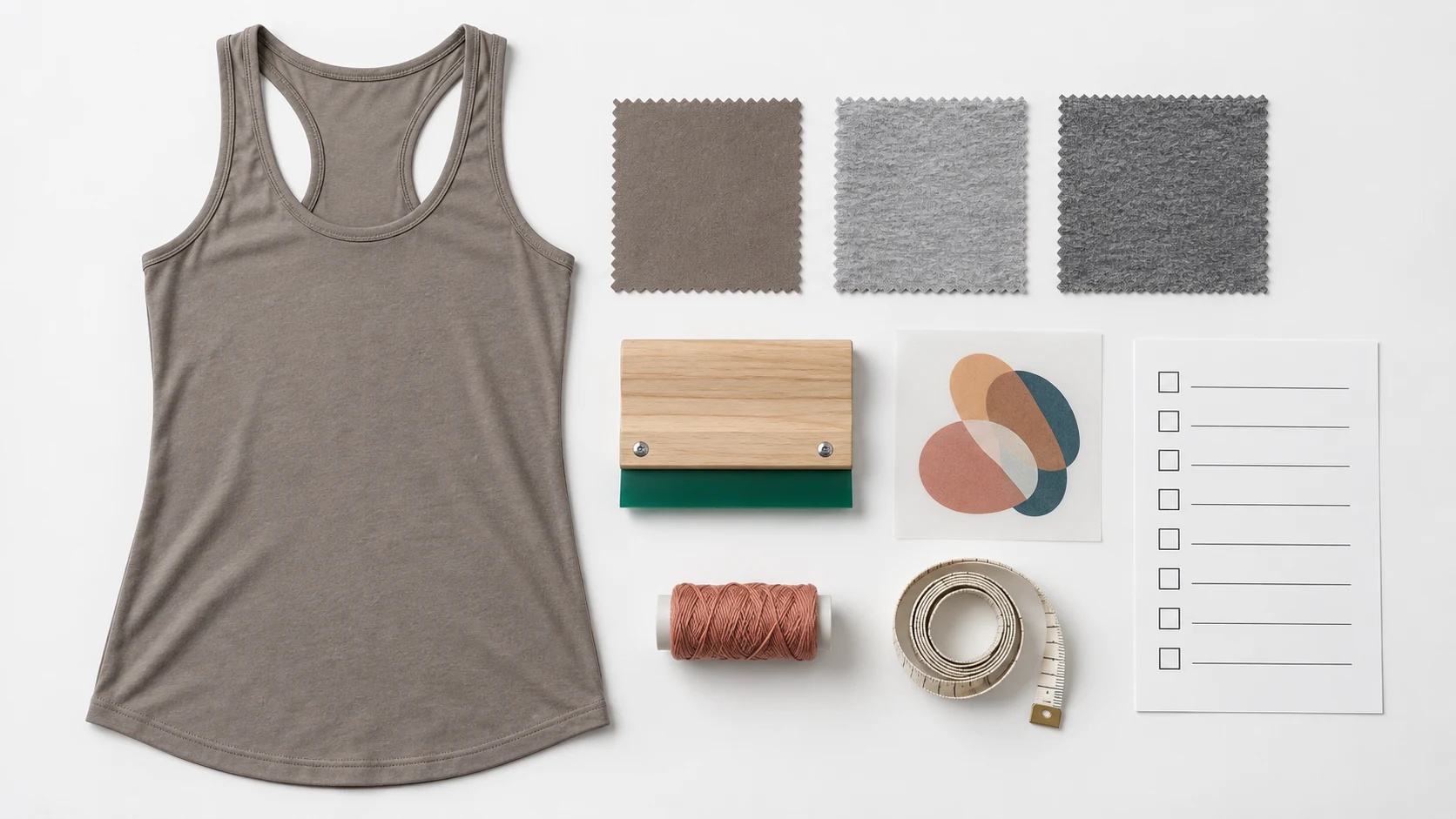 Blank women’s racerback tank with solid and heather fabric swatches for a wholesale printing guide