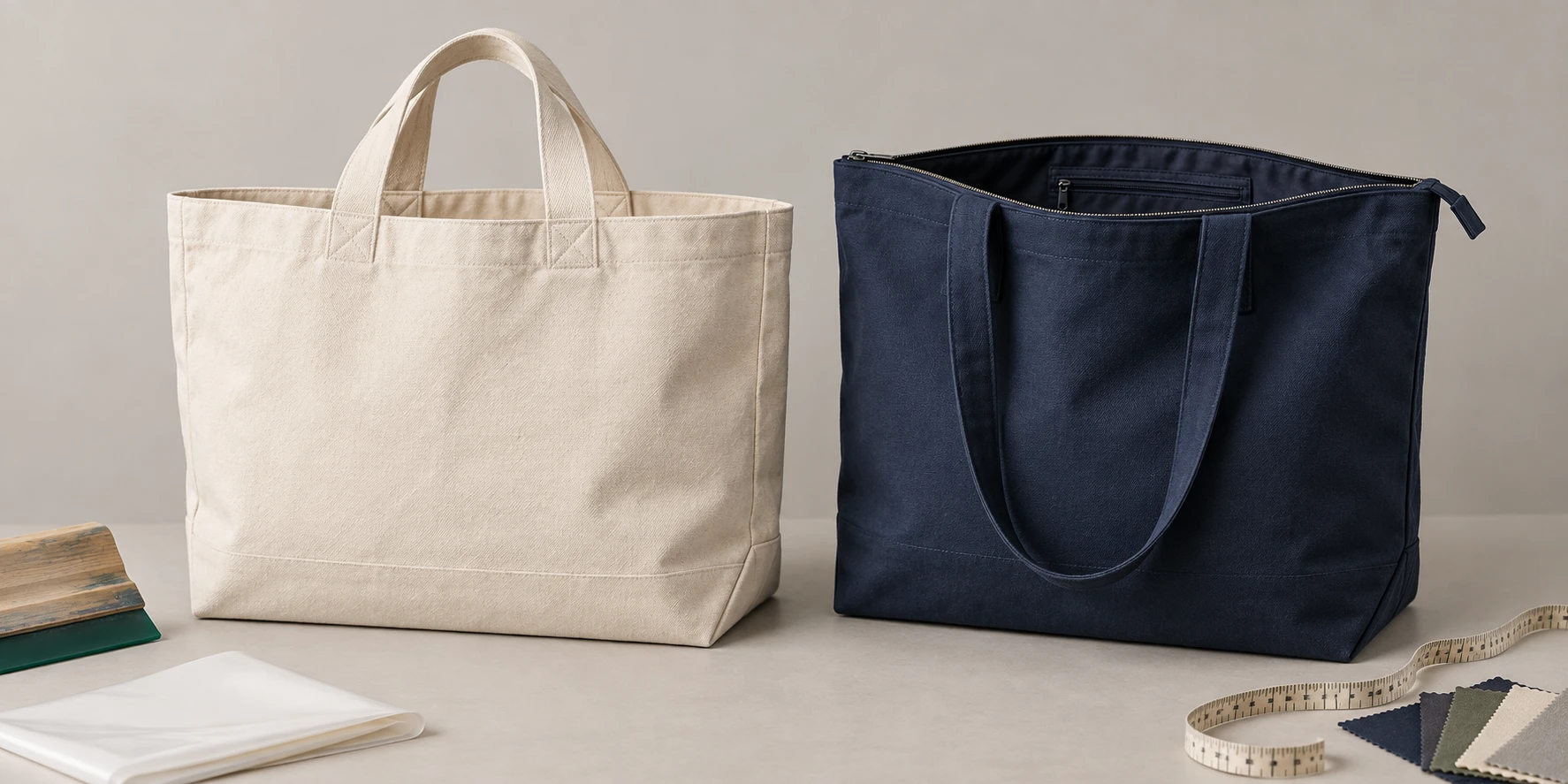 Q-Tees Q600 open canvas tote beside Q611 zippered canvas tote with decoration tools