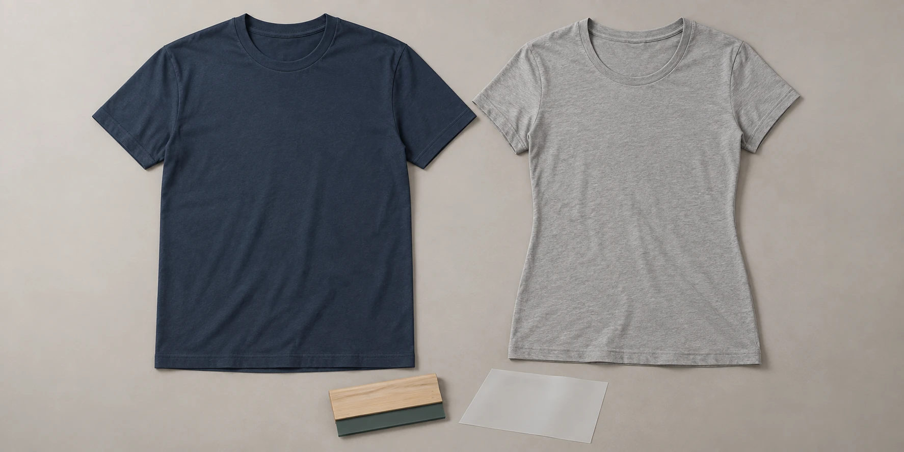 Tultex 202 straight unisex tee beside Tultex 216 contoured women’s tee with decoration tools