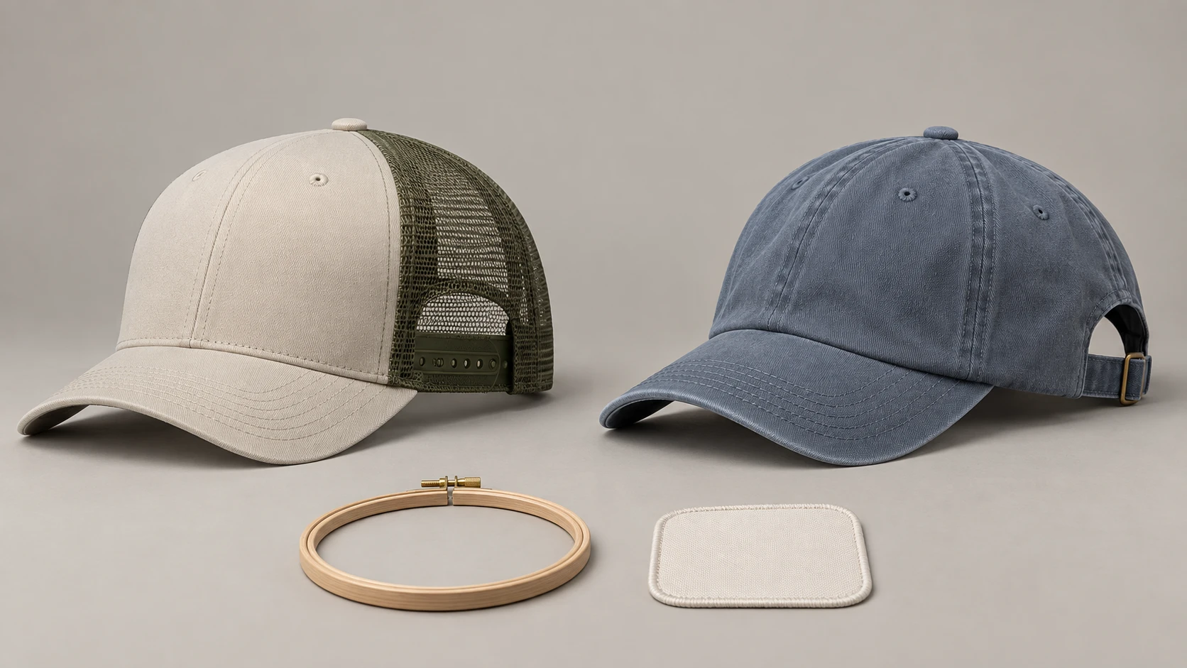 Side-by-side illustrated comparison of Richardson 112 structured trucker and Valucap VC300A bio-washed dad hat silhouettes